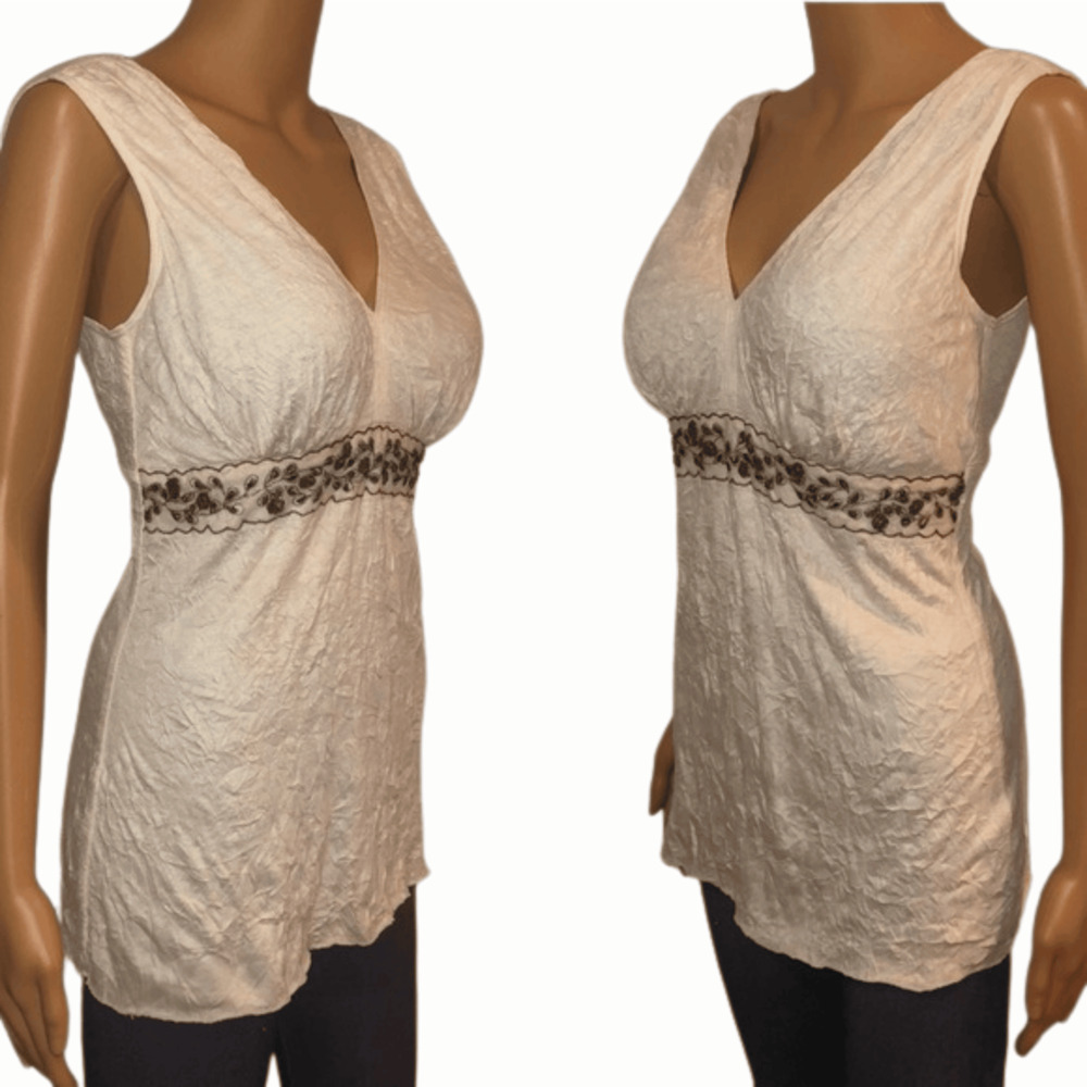 White Tank Top With Embellished Rhinestone Belting & V Neck, Sz Medium, Karen Ka - Picture 6 of 8